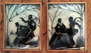 Pair Vintage Reverse Painted Silhouttes Convex Bubble Glass Courting Couple