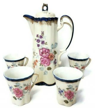 Vintage Chocolate Or Coffee Set With Pot,  Lid,  4 Cups Blue Pink Floral