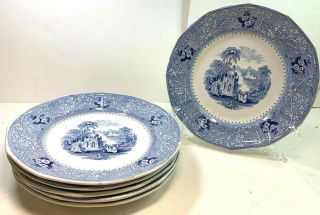 6 W.  Adams & Sons Columbia Antique Ironstone Blue & White Dinner Plates