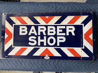 Antique Barber Shop Enamel 2 Sided Sign 12”by 24” Wall Flange Red White Vintage