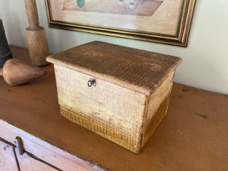 Antique Primitive Grain Painted Pine Wood Locking Box W/ Key - 1800s