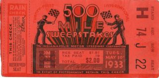 Vintage 1933 Indy 500 Ticket Stub With Rain Check