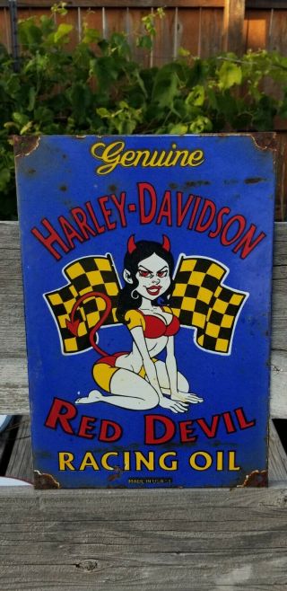 Rare Old Vintage 1953 Harley Davidson Motorcycle Racing Oil Porcelain Sign Gas
