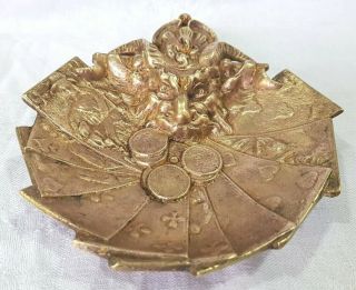 Vtg Solid Bronze Gothic Lucky Devil Satyr Head Sculpture Card Coin Tray Holder