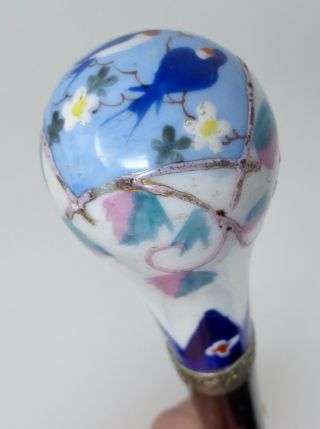 Antique Victorian Walking Stick Hand Painted Love Birds Porcelain Handle Cane