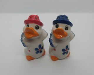 Vintage Anthropomorphic Ducks Wearing Hats Salt And Pepper Shakers W Blue Flower