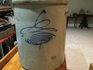 Antique 6 Gallon Bee Sting Blue Decorated Stoneware Crock With Handles