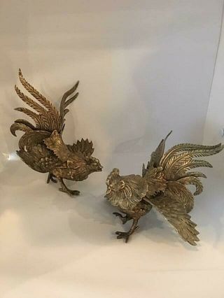 Vintage 1950s Solid Brass Fighting Rooster Figurines