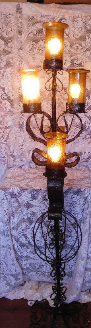 Spanish Revival Wrought Iron 5 Light Floor Standing Lamp Hand Wrought