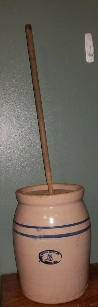 Vintage Marshall Pottery Butter Churn 3 With Wooden Lid And Wood Stick
