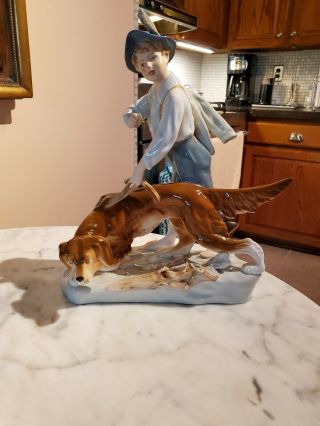 Large Vintage Royal Dux Boy Hunting With Dog Porcelain Figurine