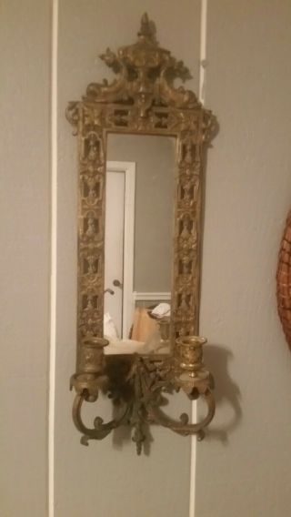 Antique Bronze Wall Mirror With 2 Candle Holders In Baroque Style Dolphins