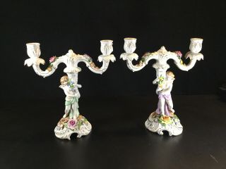 Pair Antique Dresden Von Schierholz Porcelain Cherub Candlestick/candle Holders