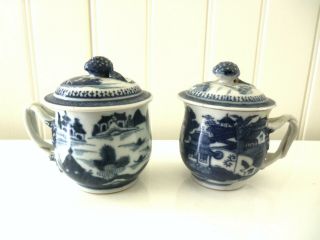 Two Fine Antique Chinese Export Blue And White Canton Pot De Creme Cups And Lids