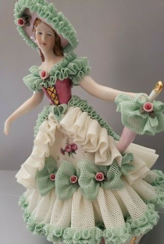 German Dresden Green/pink Lace Figurine Lady W/hat & Umbrella Bows /roses 7 "