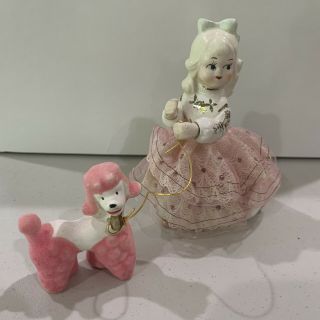 Sonsco Japan Ceramic Figurine Girl In Pink Dress Walking Poodle
