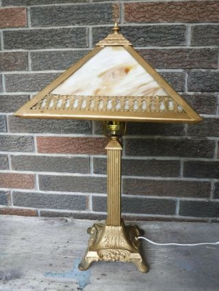 ANTIQUE ART NOUVEAU CARAMEL SLAG GLASS TABLE LAMP CAST IRON BASE 2