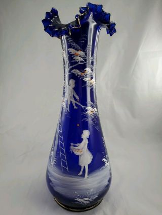 Antique Mary Gregory Blue 15.  5 " Tall Ruffled Handblown Glass Vase Very Detailed