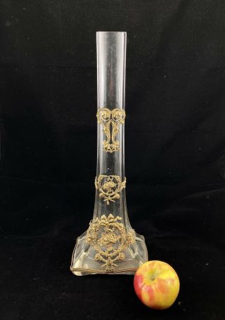 Antique Glass Vase Gold Bronze Ormolu Mounts Swag Baccarat Style Filigree France