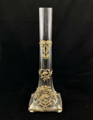 Antique Glass Vase Gold Bronze Ormolu Mounts Swag Baccarat Style Filigree France 2