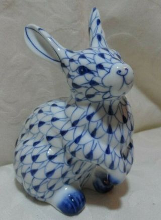 Andrea By Sadek Hand Painted Blue,  White Porcelain Rabbit Figurine Fishnet Design