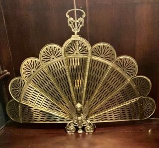 Vintage Brass Griffin Phoenix Folding Peacock Fireplace Screen Fan