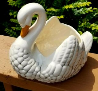 Vintage Ceramic Swan Planter White With Shading