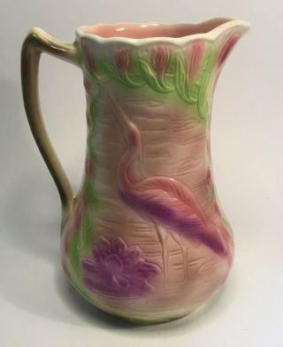 French Faience Majolica “heron Crane Wading Bird ” Pitcher By St.  Clement