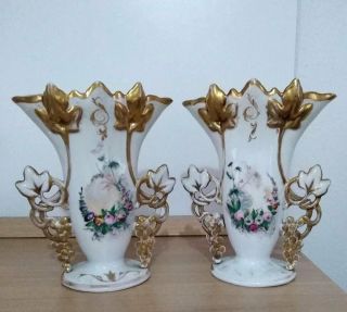 Pair Antique French Vieux Old Paris Porcelain Hand Paint Floral Vases