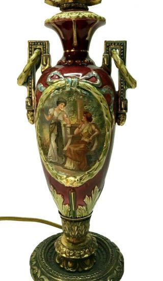 Vintage Antique Old Paris Porcelain And Bronze Electric Portrait Lamp Urn 19 "