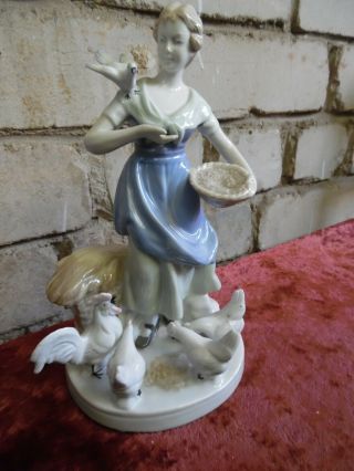 1970 Antique,  Vintage Porcelain Figurine " Girl Feeds Chickens ",  Germany,