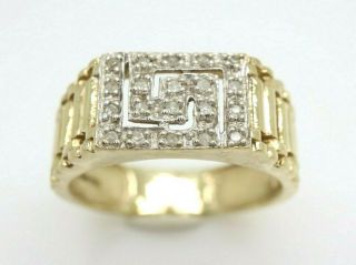 Vintage Unisex 9ct Yellow Gold Diamond Greek Key Signet Ring,  Size U,  4.  4g