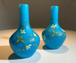 Victorian Pair Turquoise Satin Glass Cased Milk Hand Painted Floral Vases 1880 