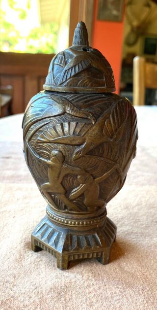 Vantines Art Deco French Gilt Incense Burner Exotic Birds Mayan Warriors
