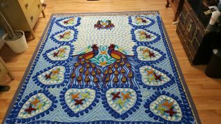 Rare Vintage,  Peacock,  Chenille,  Queen Sized Bedspread Blue