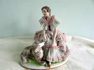 Vintage Dresden Porcelain Lace Woman With Dog Figurine