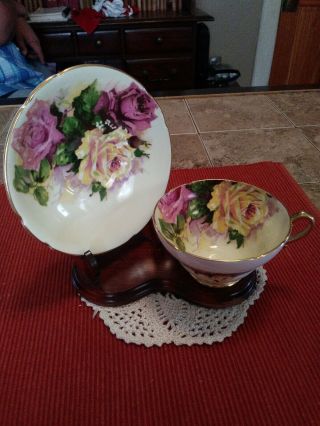 Vintage Yellow Stanley Tea Cup & Saucer,  Pink & Yellow Cabbage Roses Gold Trim