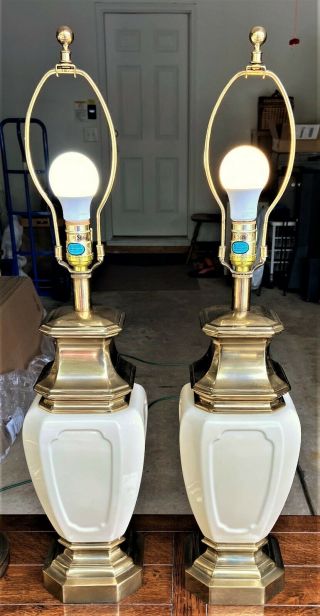 Vintage Pair / Set Of Stiffel Porcelain And Brass Table Lamps.