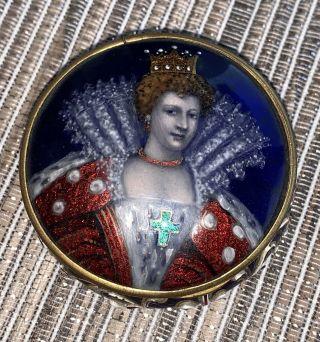 Antique French Enamel Snuff Powder Jewelry Trinket Box Queen Elizabeth Guilloche