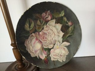 Antique Lovely Hand Painted Paper Mache Plate With Lush Pink Roses