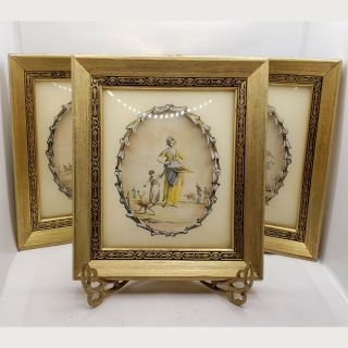 Set Of 3 Antique Prints In Reverse Painted Convex Curved Glass Frames