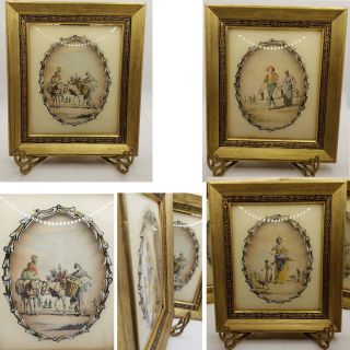 Set of 3 antique prints in reverse painted convex curved glass frames 2