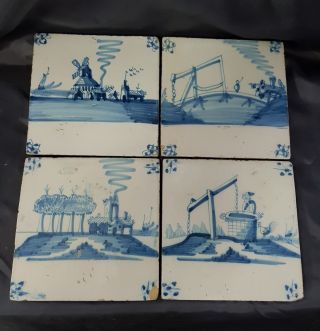 Set Of 4 Antique Dutch Delft Blue Tiles.  Ca 1850