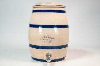Antique Stoneware Primitive Crock Water Jug Blue Stripe Crown 2 Gallon