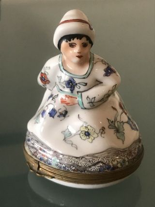 Antique Chantilly Limoges Porcelain Bonbonniere Trinket Box Lady On Chamber Pot
