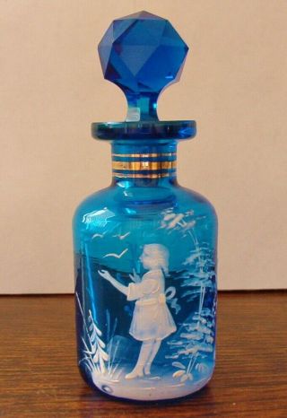 Antique Mary Gregory Enamel Turquoise Blue Perfume Scent Bottle With Stopper