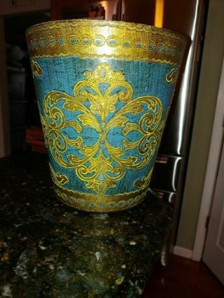 Vintage Tole Florentine Gold & Blue Italian Waste Basket Made In Italy