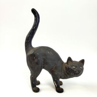 Antique Cast Iron Hubley Arched Back Black Cat Doorstop Green Eye Paint