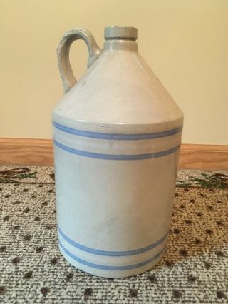 Antique Vintage Primitive Stoneware Crock Jug Light Blue White Stripes -