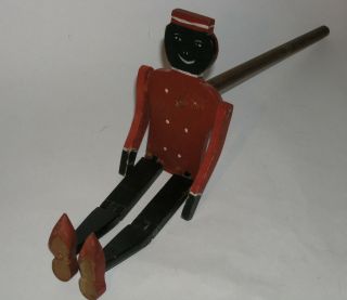 Vintage 1930s Folk Art Carved & Painted Wood Dancing Black Bell Hop On Stick